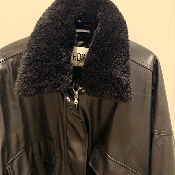 Black Faux Leather Bomber Jacket with removable sherpa collar - Picture 5 of 9